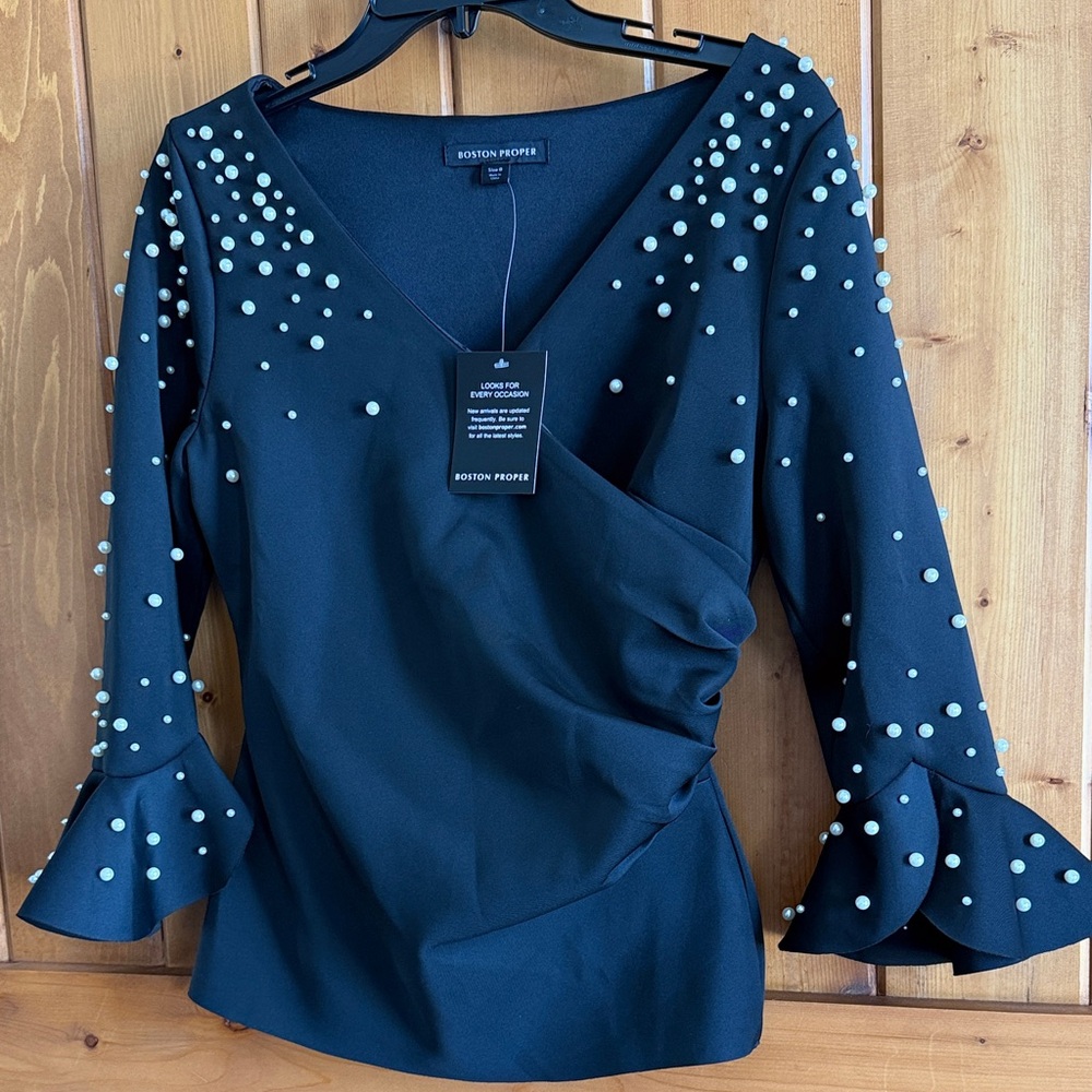 Boston Proper Elegant Black Pearl Embellished Bodice medium Top Blouse - Picture 4 of 12